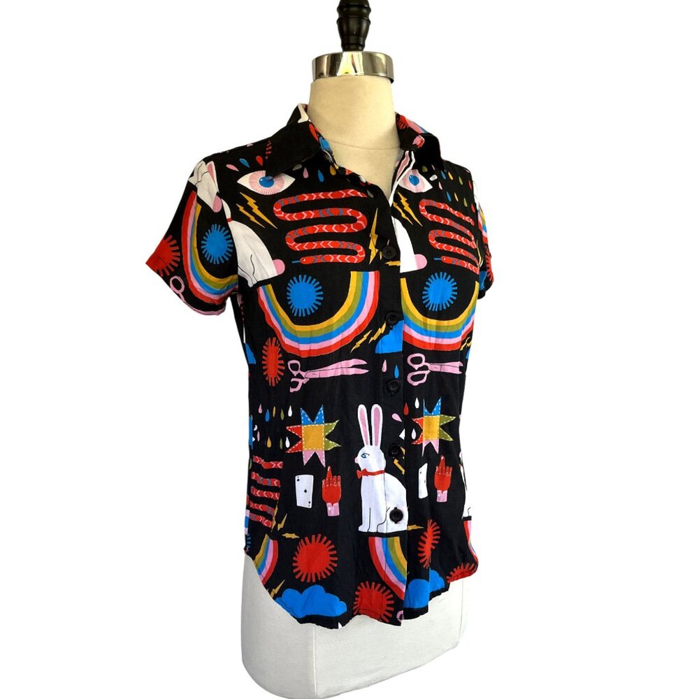NOOWORKS Magic by Lisa Congdon print Joyce top​ blouse shirt,​ XS, dopamine